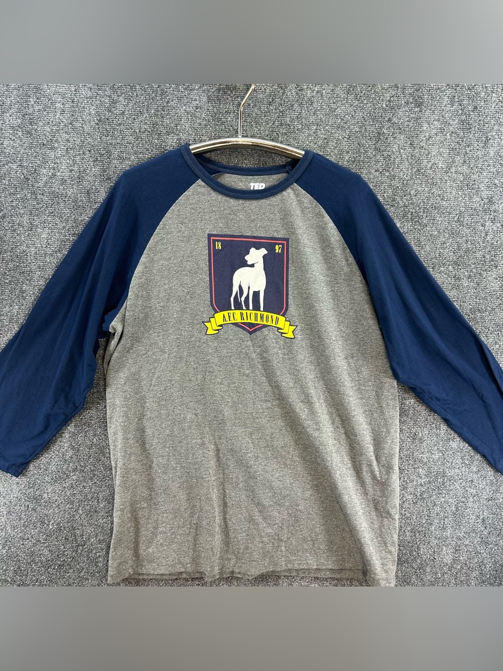 Ted Lasso Shirt Mens L Blue Cotton AFC Richmond Soccer 3/4 Sleeves Jerry Leigh